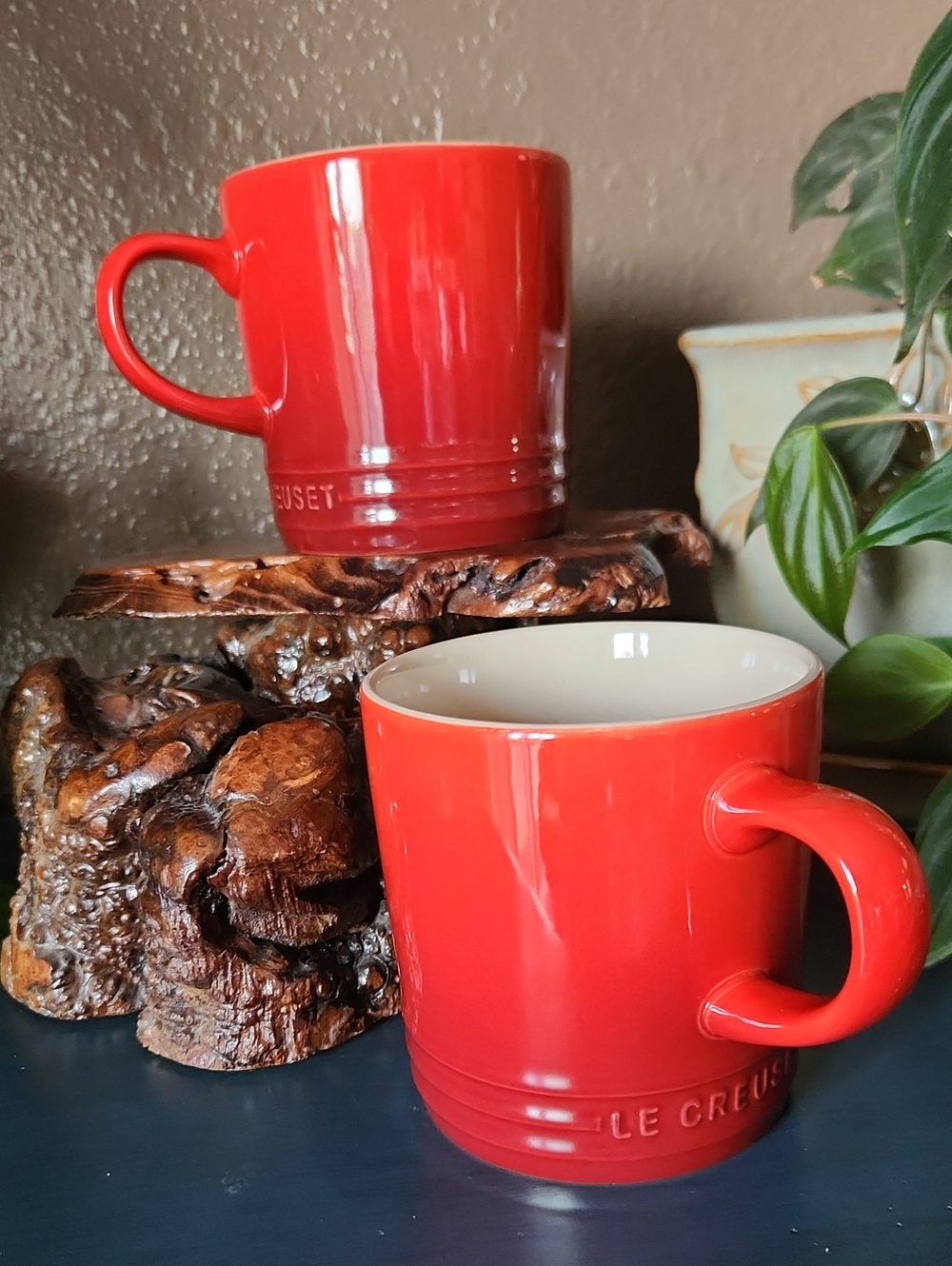 Le Creuset Red Stoneware Mug Pair 12 Ozs, EUC